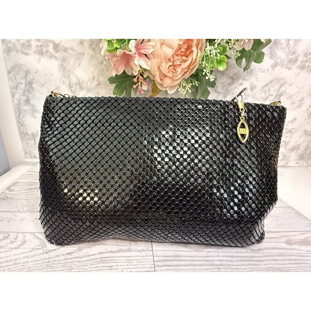 Vintage 70 80s Gold Black Bronze Silver Mesh Stripe Purse Bag Clutch Cross Body